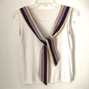 Nautical-Inspired Sleeveless Knit Top with Striped Scarf Detail